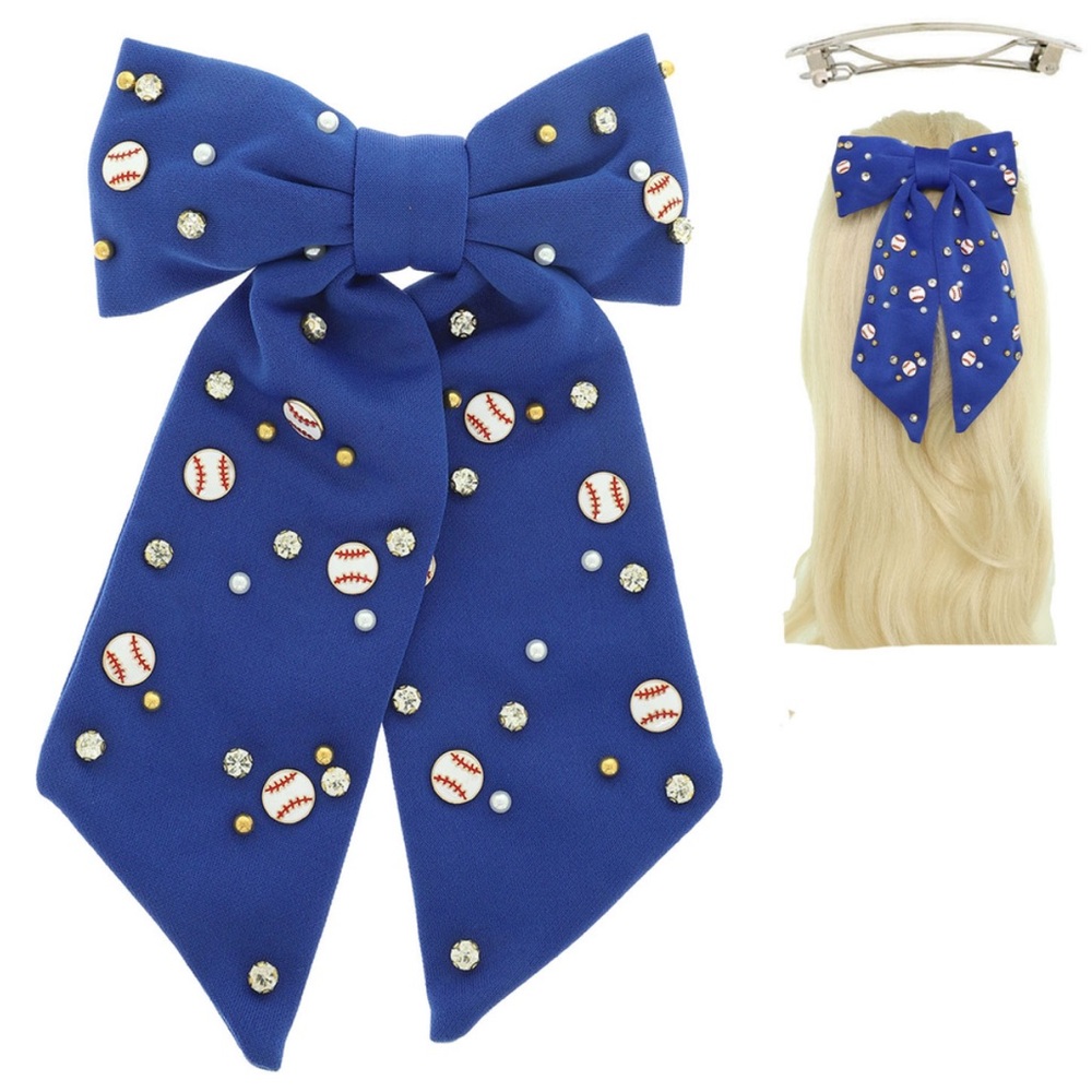 Game Day Blue Baseball Hair Bow clip Barrette